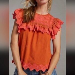 Anthropologie orange Ricca crochet embroidered boho top Sz S